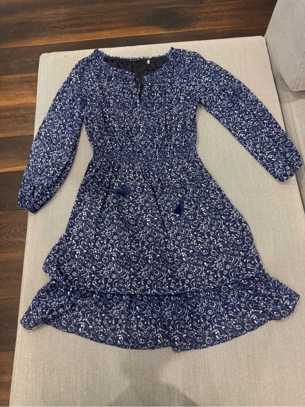 Elie Tahari Navy Blue Floral Smocked Waist Dress